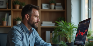 Investir en actions : pourquoi éviter cette stratégie en bourse ? Homme d'affaires regardant des graphiques boursiers en baisse