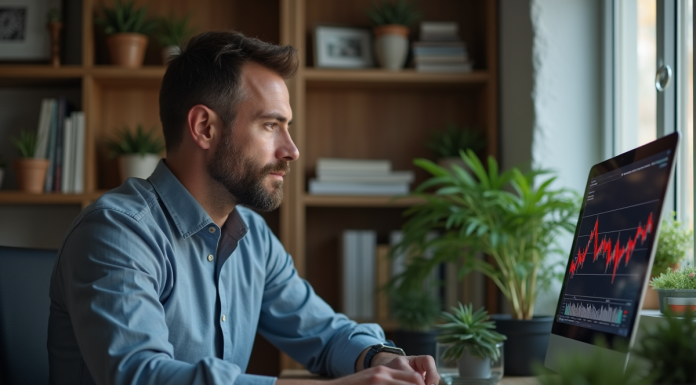 Homme d'affaires regardant des graphiques boursiers en baisse