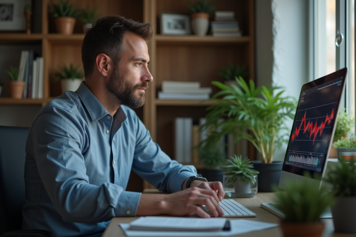 homme-bureau-economie Homme d'affaires regardant des graphiques boursiers en baisse