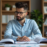PEA ou compte titre : le meilleur placement financier à choisir ? Homme en tenue décontractée dans un bureau moderne avec dossiers PEA