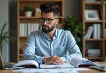 PEA ou compte titre : le meilleur placement financier à choisir ? Homme en tenue décontractée dans un bureau moderne avec dossiers PEA