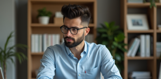 PEA ou compte titre : le meilleur placement financier à choisir ? Homme en tenue décontractée dans un bureau moderne avec dossiers PEA