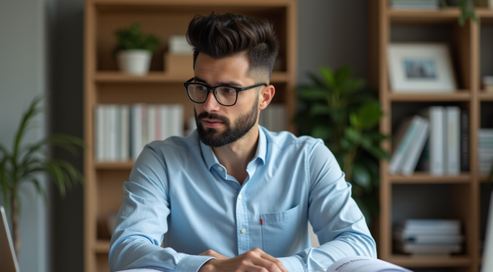 PEA ou compte titre : le meilleur placement financier à choisir ? Homme en tenue décontractée dans un bureau moderne avec dossiers PEA