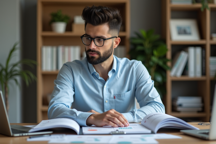 homme-bureau-finance Homme en tenue décontractée dans un bureau moderne avec dossiers PEA