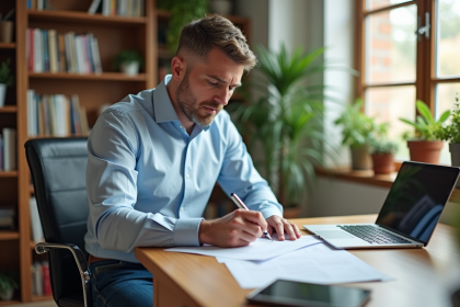 Homme d'âge moyen dans un bureau à domicile en train de remplir des formulaires
