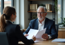 Homme d'âge moyen en costume navy en consultation