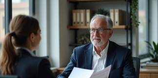 Rachat de trimestres : qui contacter pour optimiser vos droits à la retraite ? Homme d'âge moyen en costume navy en consultation