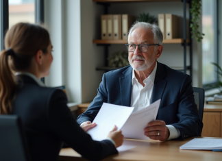 Homme d'âge moyen en costume navy en consultation