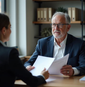 Rachat de trimestres : qui contacter pour optimiser vos droits à la retraite ? Homme d'âge moyen en costume navy en consultation