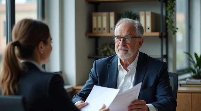 Homme d'âge moyen en costume navy en consultation