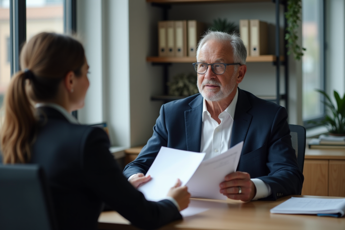 Homme d'âge moyen en costume navy en consultation