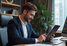 Homme d'affaires regardant des graphiques crypto sur tablette dans un bureau moderne