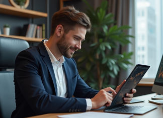 Crypto : quel actif offrirait un potentiel de croissance x1000 ? Homme d'affaires regardant des graphiques crypto sur tablette dans un bureau moderne