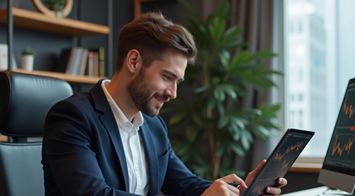 Crypto : quel actif offrirait un potentiel de croissance x1000 ? Homme d'affaires regardant des graphiques crypto sur tablette dans un bureau moderne