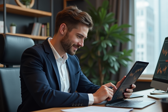 homme-crypto-tablette-home-office Homme d'affaires regardant des graphiques crypto sur tablette dans un bureau moderne