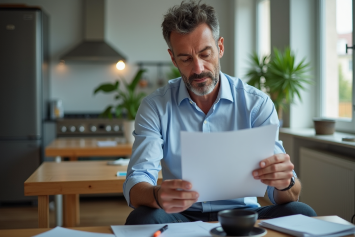 Homme d'âge moyen lisant des documents dans un appartement belge