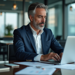 Homme d'affaires en costume bleu analysant des graphiques financiers