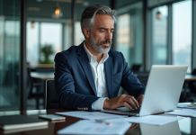 Homme d'affaires en costume bleu analysant des graphiques financiers