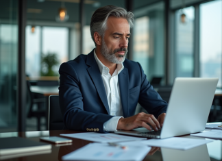 Homme d'affaires en costume bleu analysant des graphiques financiers