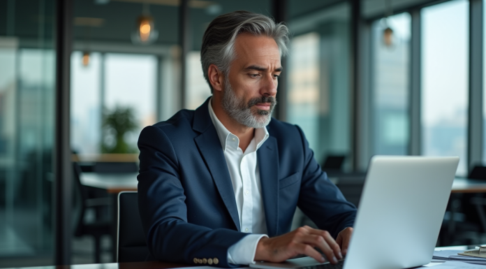 Homme d'affaires en costume bleu analysant des graphiques financiers