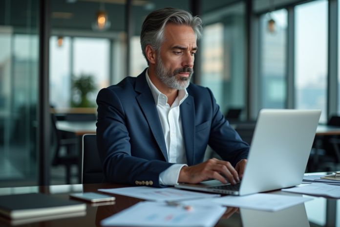 Homme d'affaires en costume bleu analysant des graphiques financiers
