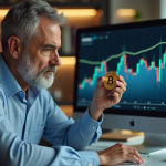 Homme inquiet en bureau regardant un bitcoin et des graphiques