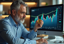 Homme inquiet en bureau regardant un bitcoin et des graphiques