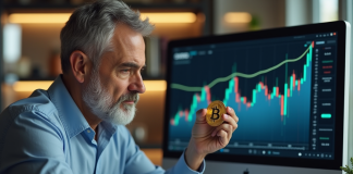 Homme inquiet en bureau regardant un bitcoin et des graphiques