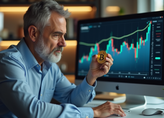 Homme inquiet en bureau regardant un bitcoin et des graphiques
