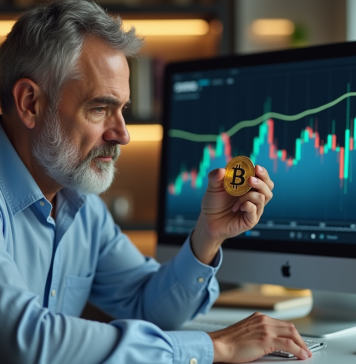 Cryptomonnaie : les raisons d’être contre, analyse de spécialiste Homme inquiet en bureau regardant un bitcoin et des graphiques