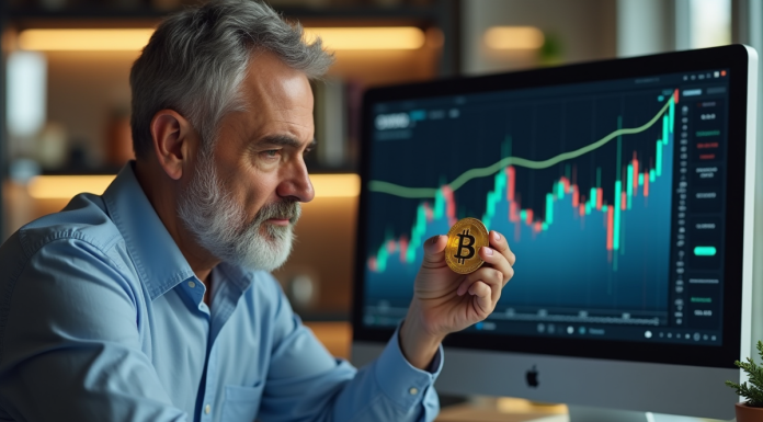 Homme inquiet en bureau regardant un bitcoin et des graphiques