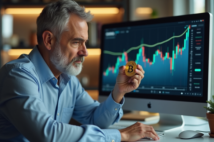 homme-inquiet-bitcoin-graphes Homme inquiet en bureau regardant un bitcoin et des graphiques
