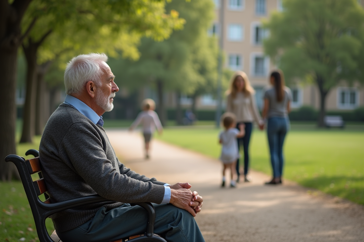Homme âgé observant une famille dans un parc urbain