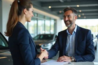 Homme d'âge moyen serrant la main d'une vendeuse de voiture