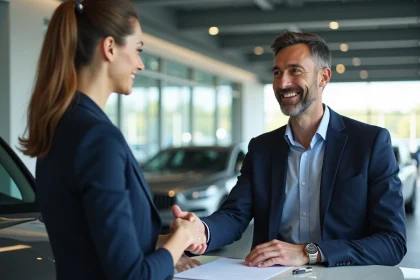 Homme d'âge moyen serrant la main d'une vendeuse de voiture