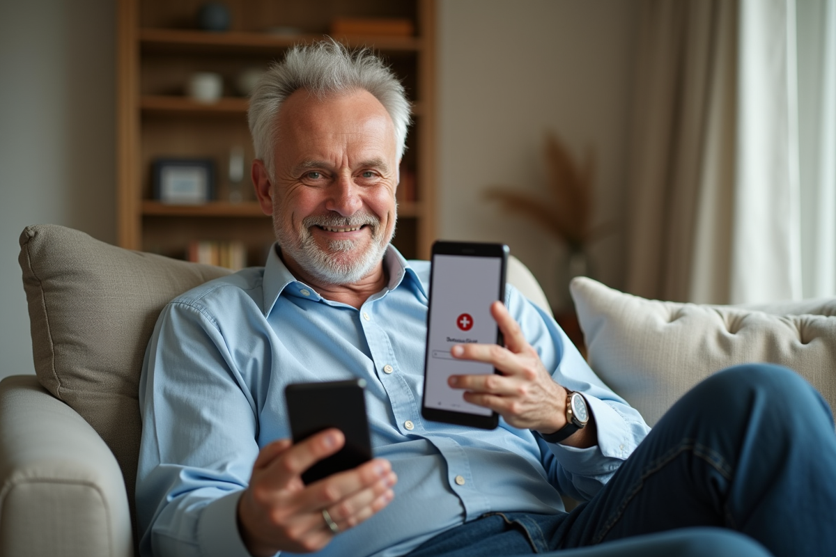 Homme détendu tenant un smartphone dans un salon lumineux