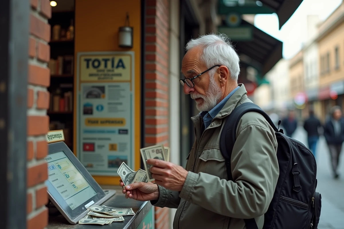 Homme âgé échange des pesos et dollars dans une rue animée