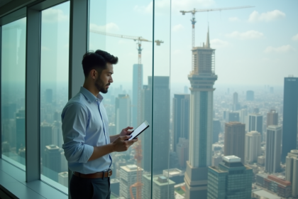 Jeune entrepreneur confiant avec tablette dans un bureau moderne