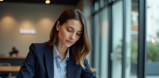 Création d’entreprise : quelles banques vous aident ? Jeune femme en banque professionnelle et concentrée