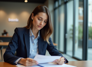 Création d’entreprise : quelles banques vous aident ? Jeune femme en banque professionnelle et concentrée