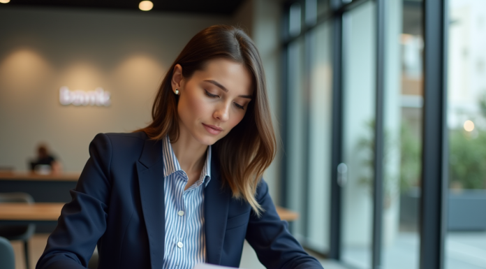 Création d’entreprise : quelles banques vous aident ? Jeune femme en banque professionnelle et concentrée