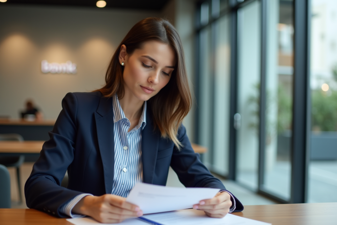jeune-femme-banque-entreprise Jeune femme en banque professionnelle et concentrée