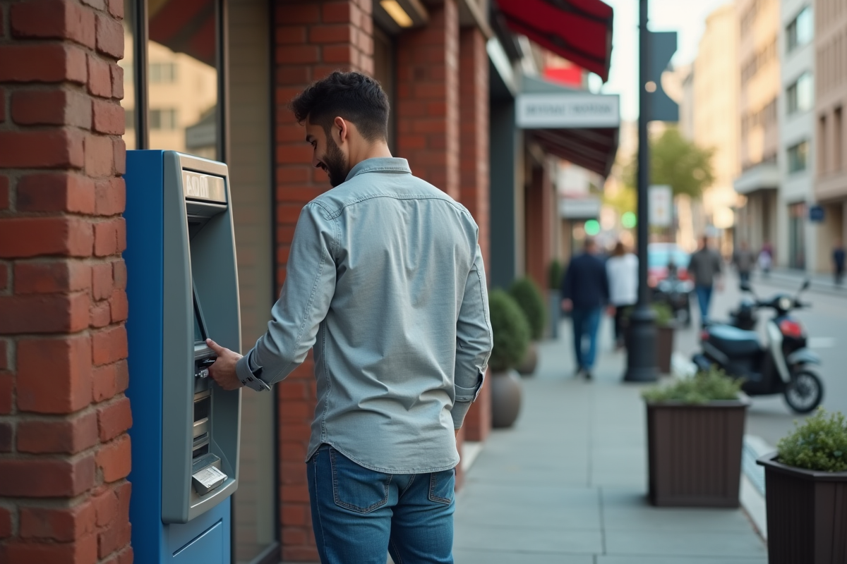 Jeune homme insérant une carte bancaire à un distributeur en ville