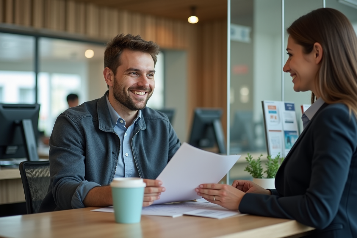 Jeune homme parle avec un conseiller bancaire dans une agence