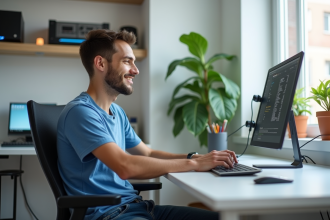 Jeune homme concentré sur son ordinateur de minage bitcoin dans un bureau lumineux