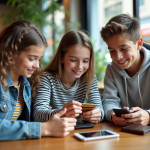 Meilleure carte bancaire pour jeunes : comparatif et conseils à connaître Trois adolescents au café comparant leurs cartes bancaires