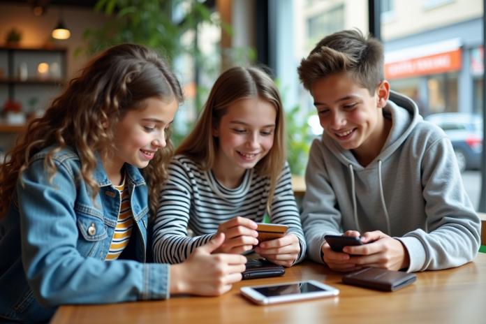 Trois adolescents au café comparant leurs cartes bancaires