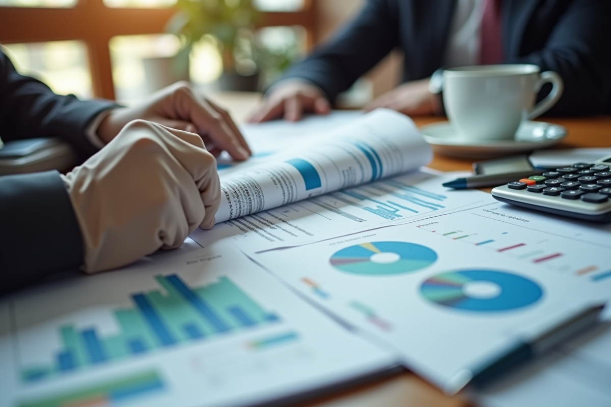 Mains tenant une loupe sur des états financiers et graphiques