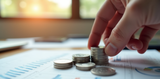 Main empilant des pièces d'argent sur un rapport financier