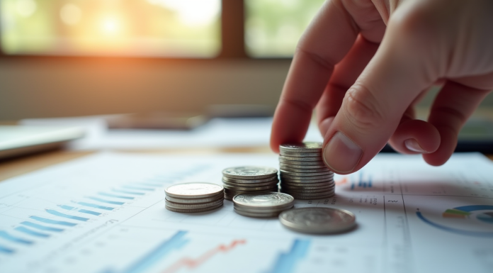 Main empilant des pièces d'argent sur un rapport financier